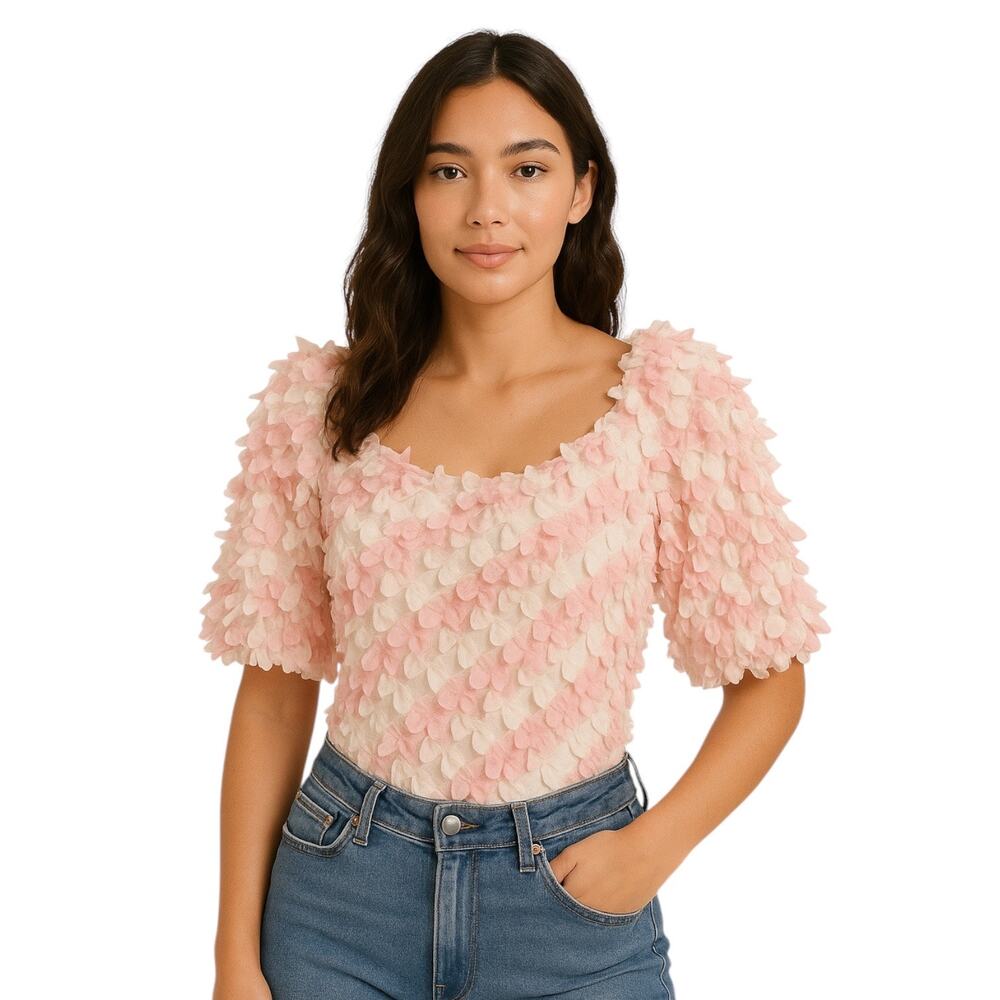 ASOS Design Pink White 3D Floral Ruffle Short Puff Sleeve Bodysuit Top Size 16
